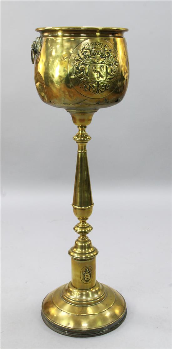 A late Victorian brass pedestal jardiniere, H.4ft